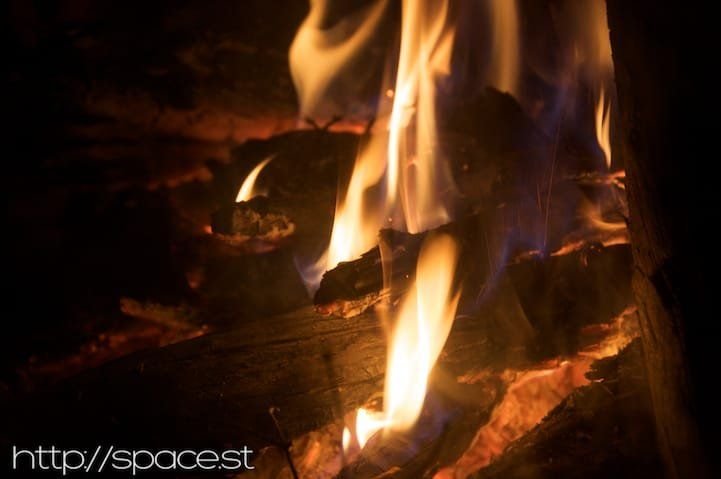 Warm campfire at Shizu Hut before climbing Nyoho Mountain, Nikko Japan