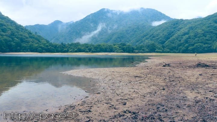 Lake Sai beach and shoreline, hidden lake west of Lake Chuzenji, Nikko Japan