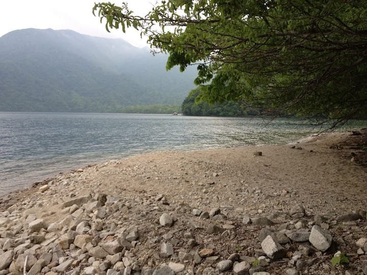 Senjugahama beach on Lake Chuzenji south shore, viewed from Takayama trail, Nikko