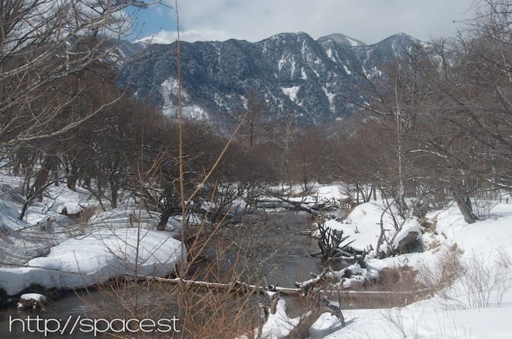 Creek in Senjogahara in winter snow conditions, Nikko Japan