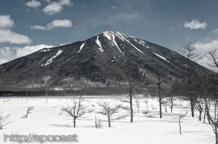Nantai Mountain from snow-covered Senjogahara plateau, Nikko Japan