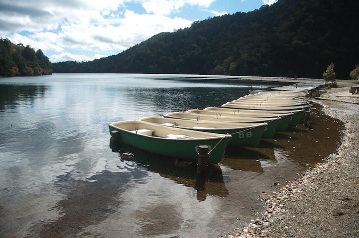Rental rowing boats on Lake Yu Yunoko, Nikko National Park