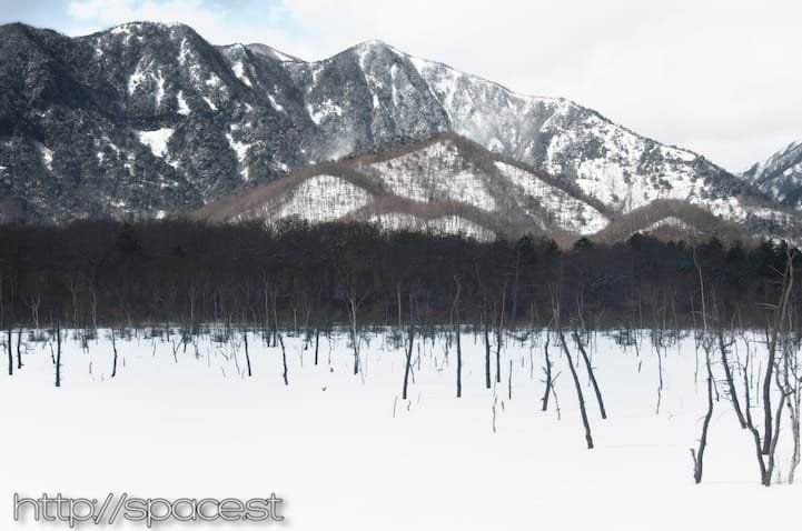 Looking toward Lake Yu valley from snow-covered Senjogahara, Nikko Japan