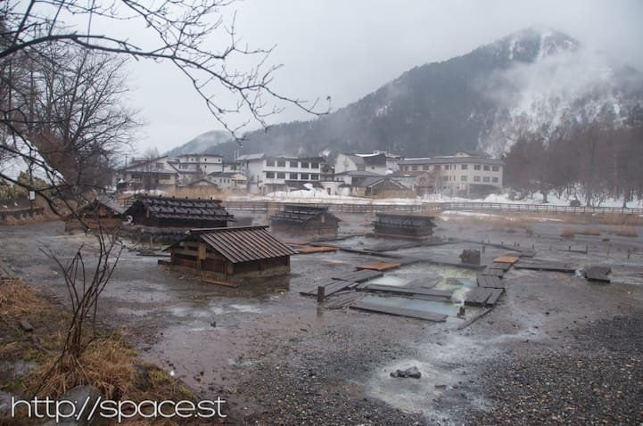 Yumoto Onsen inns overview from near the Lake Karikomi trailhead, Nikko Japan