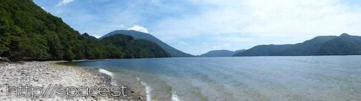 Panoramic view of Nantai Mountain and Lake Chuzenji from Kumakubo, south shore hiking trail