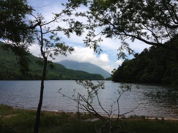 Lake Yu hiking path with Nantai Mountain in the background, Nikko Japan