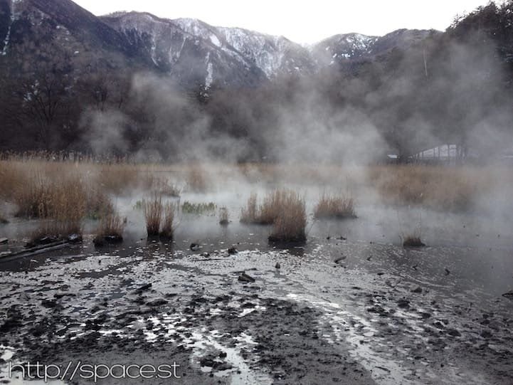 Steam rising at Yumoto Onsen as night falls, Nikko Japan