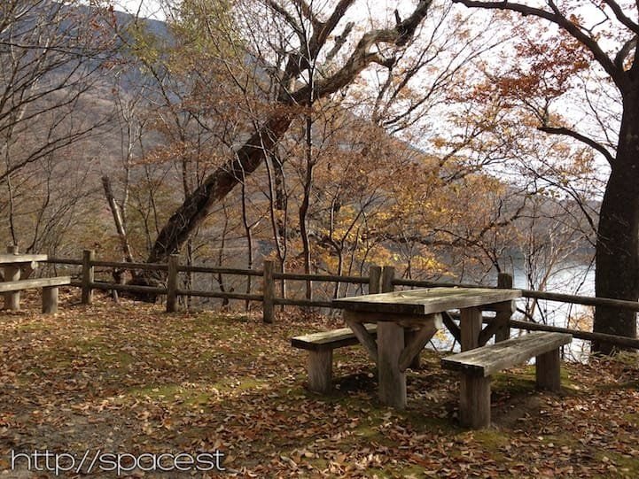 Picnic tables at Shobugahama bus stop, Lake Chuzenji south shore, Nikko