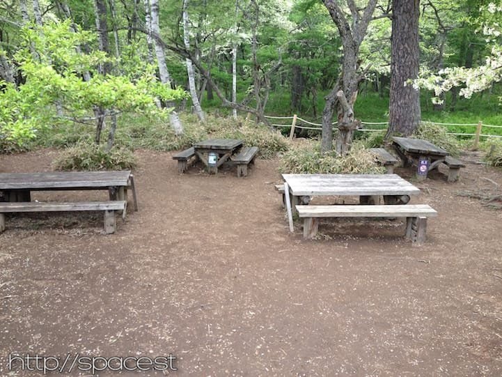 Picnic tables at Senjogahara hiking trail, Nikko Japan