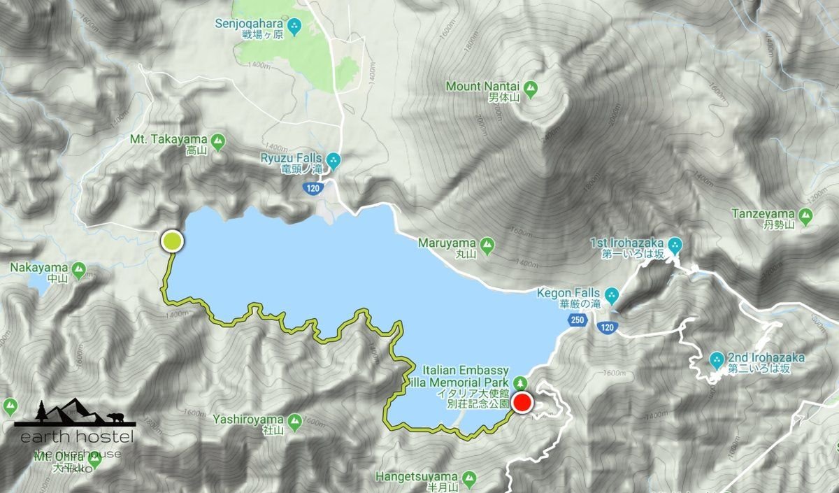 Lake Chuzenji south shore hiking course map, all three sections