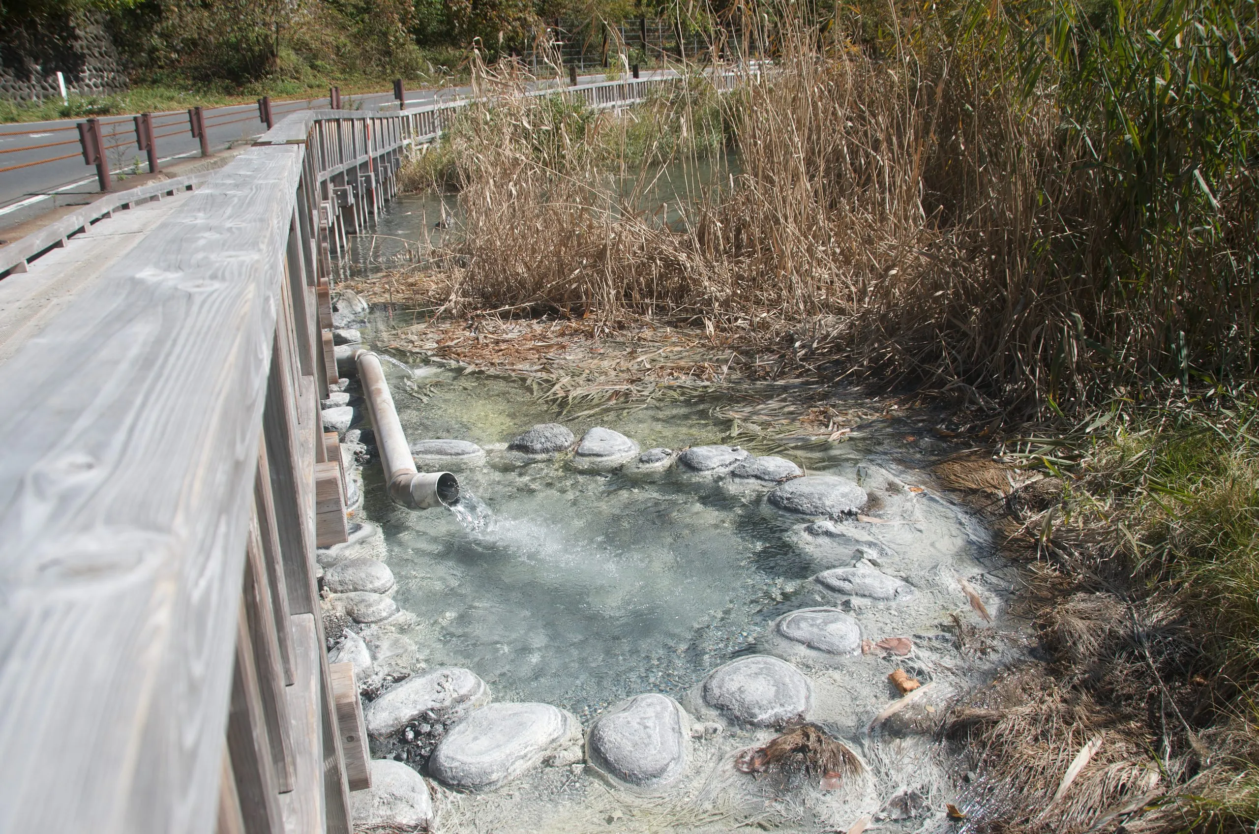 Hot spring water draining into Lake Yu, Yunoko, Nikko Japan