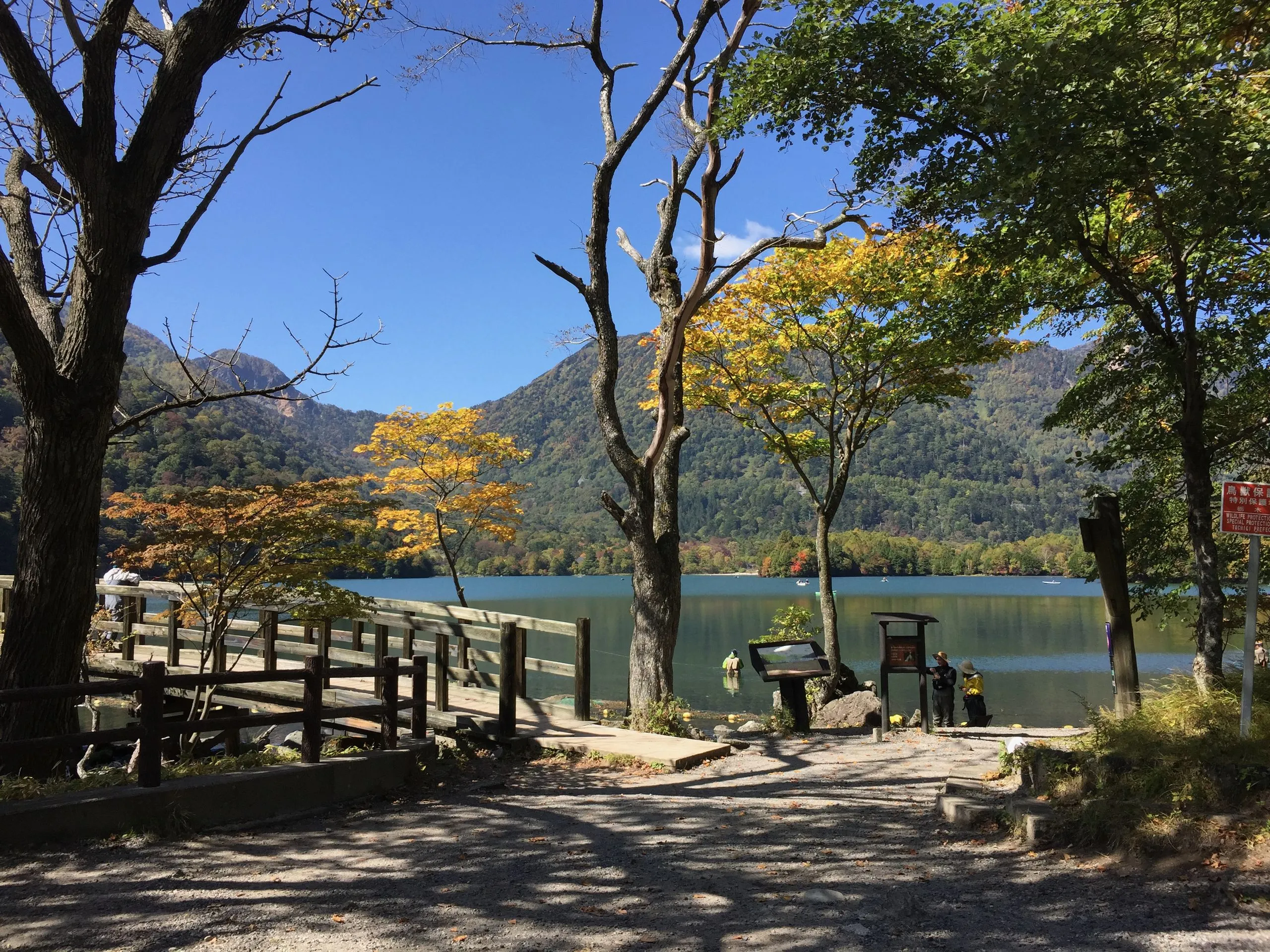 Wooden pier on the south shore of Lake Yu near the Yu Falls outlet, Yunoko, Nikko Japan