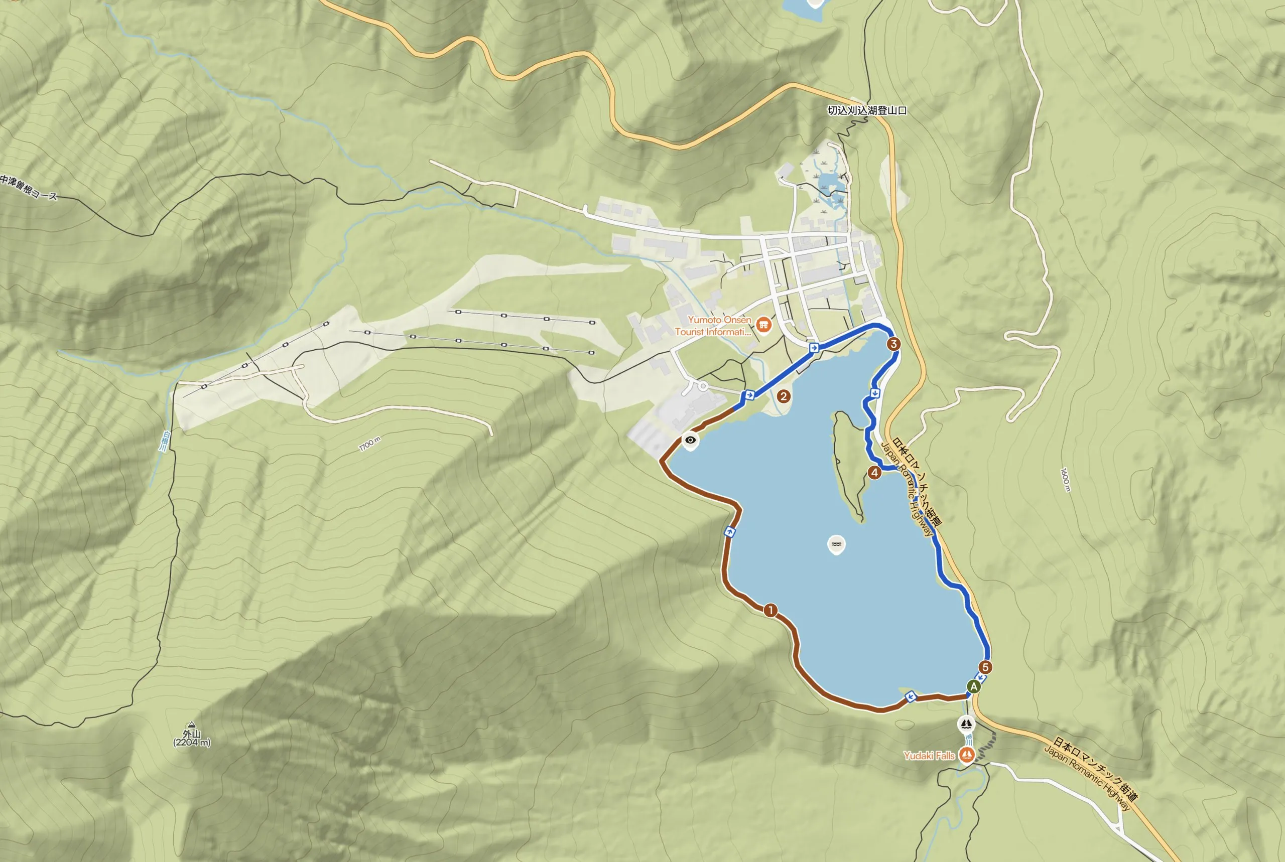 Route map of the Lake Yu Yunoko loop trail, Nikko Japan