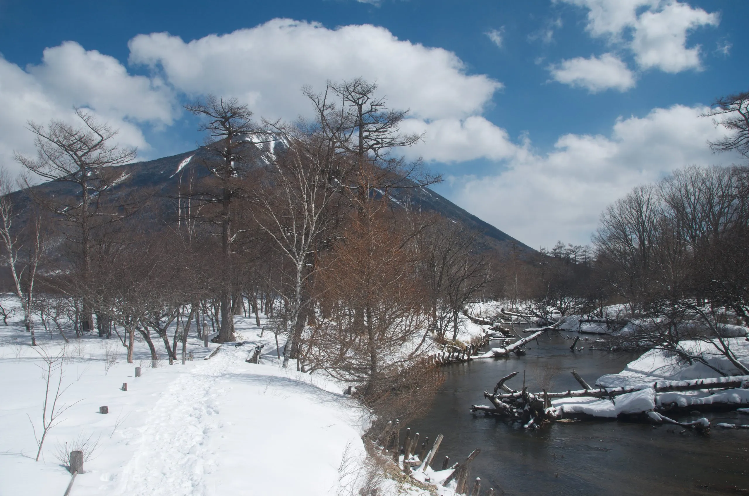Nantai Mountain in crisp winter air above the Yukawa, Senjogahara, Nikko Japan