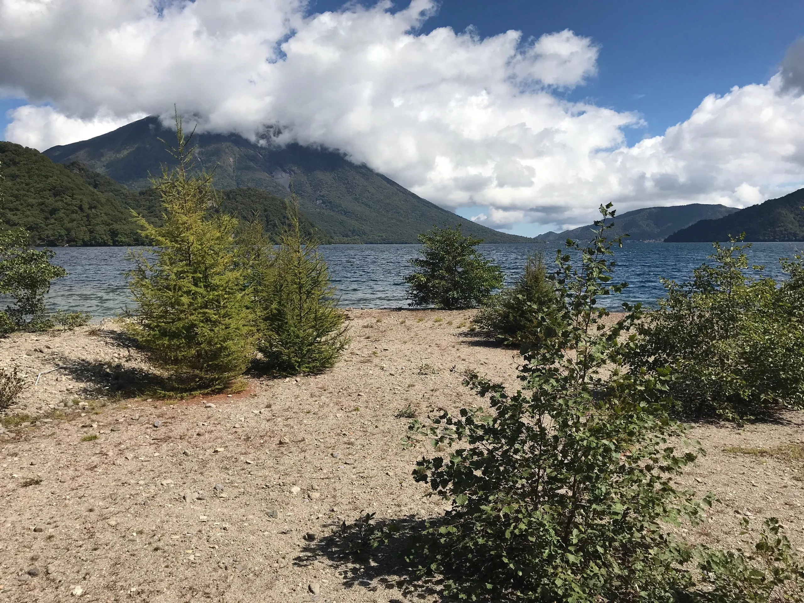 Northern end of Senjugahama beach with Nantai across Lake Chuzenji, Nikko Japan