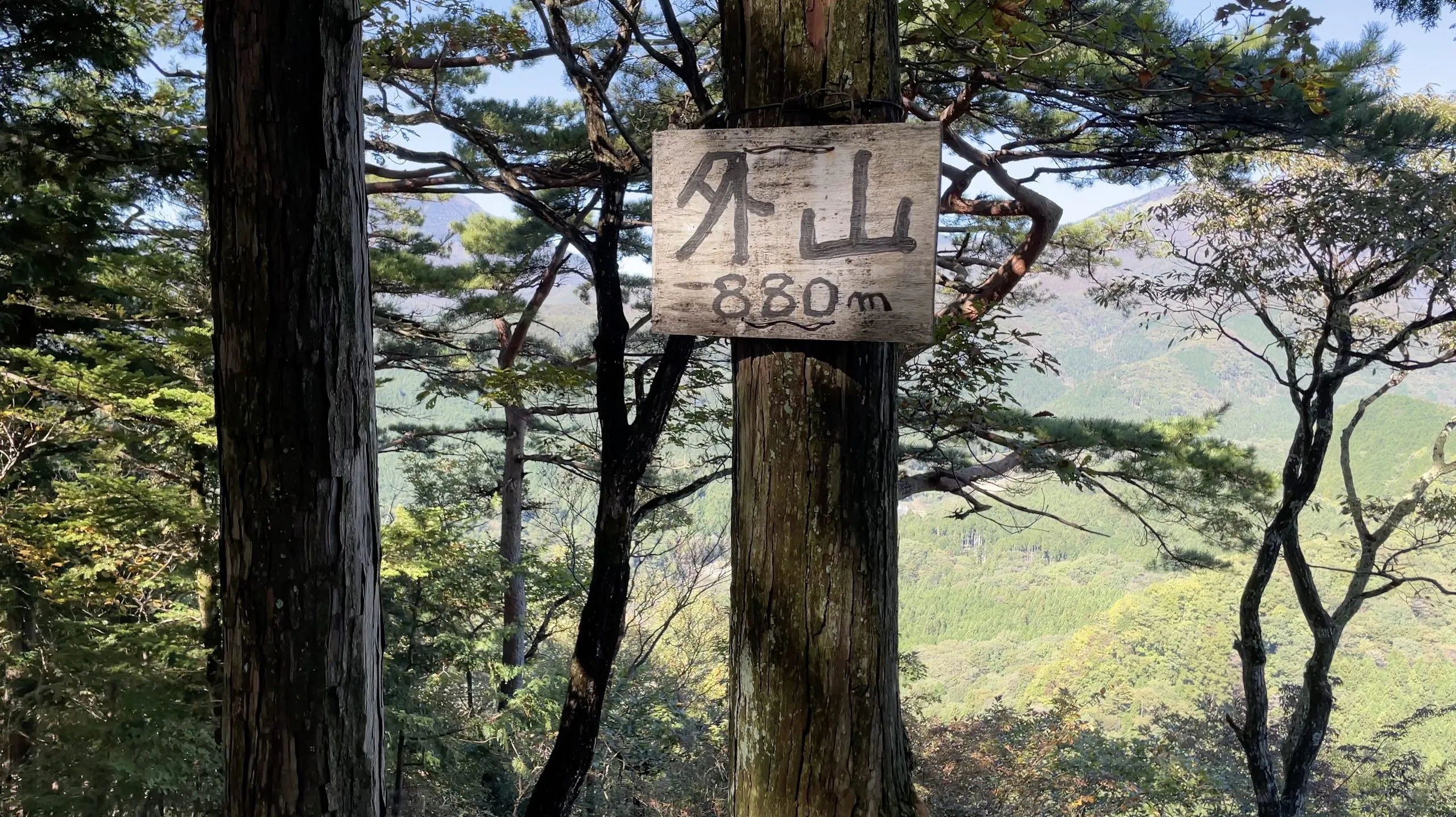 Hand-painted wooden summit marker reading Toyama 880 m, Mount Toyama, Nikko Japan