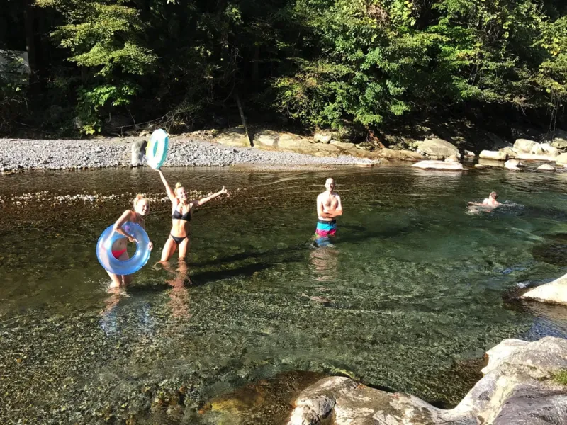 Swimming at the hostel beach