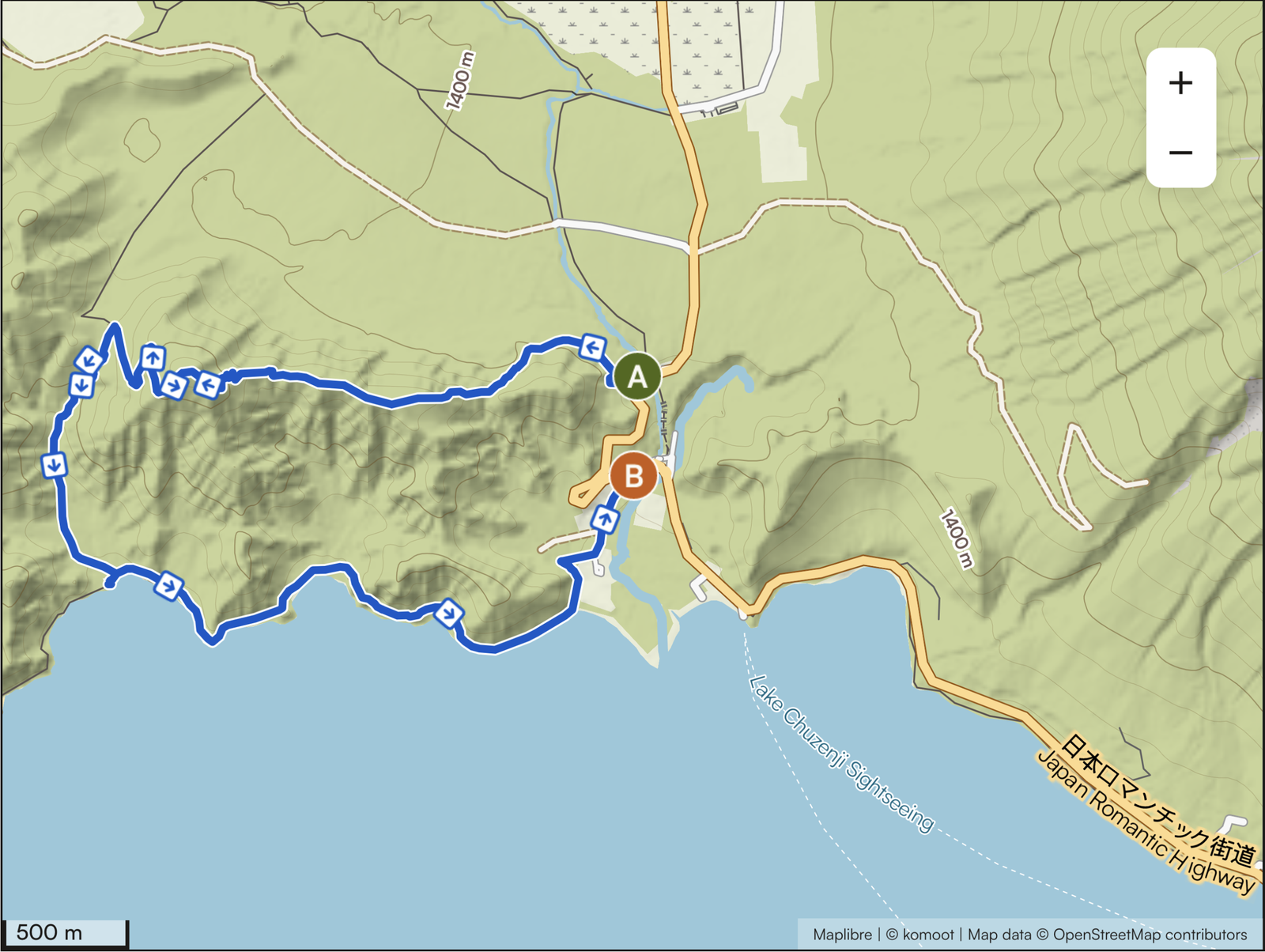 Route map of the Takayama loop from Ryuzu Waterfall around the north shore of Lake Chuzenji, Nikko Japan