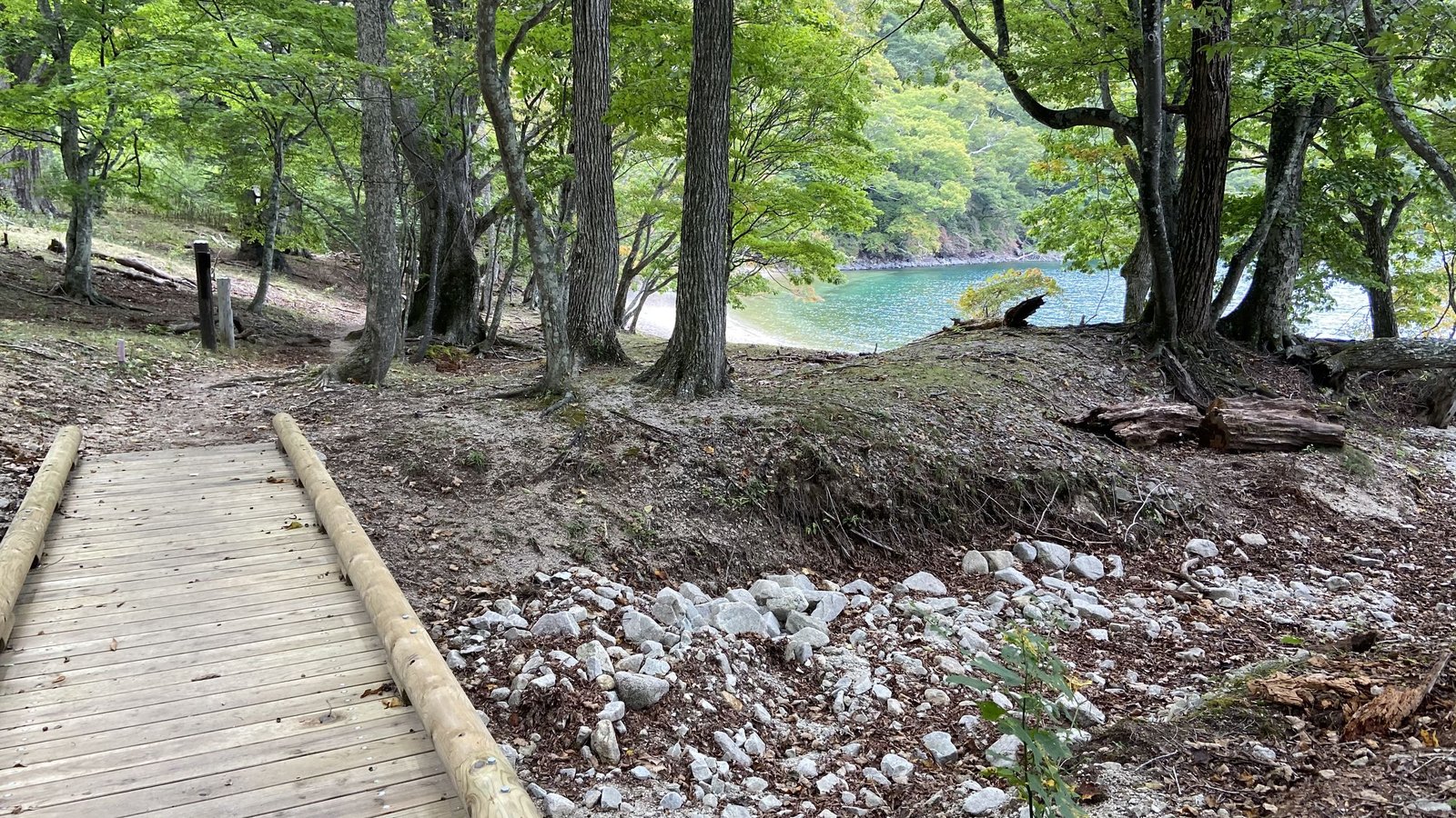 Boardwalk on the trail at Kumakubo Bear Cove, Lake Chuzenji north shore, Nikko Japan