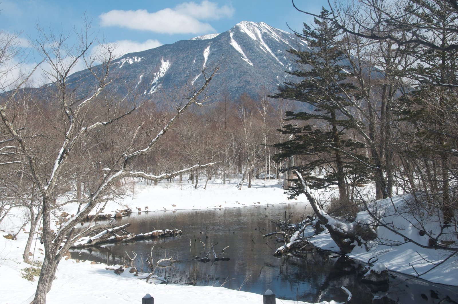 Nantai Mountain with its caldera rim visible above a bend in the Yukawa, Senjogahara, Nikko Japan