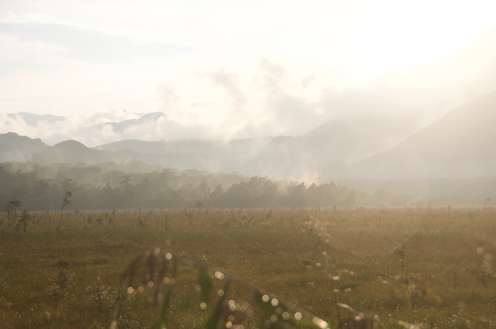 Sunset over the Senjogahara plateau with the sun setting behind the mountains, Nikko Japan