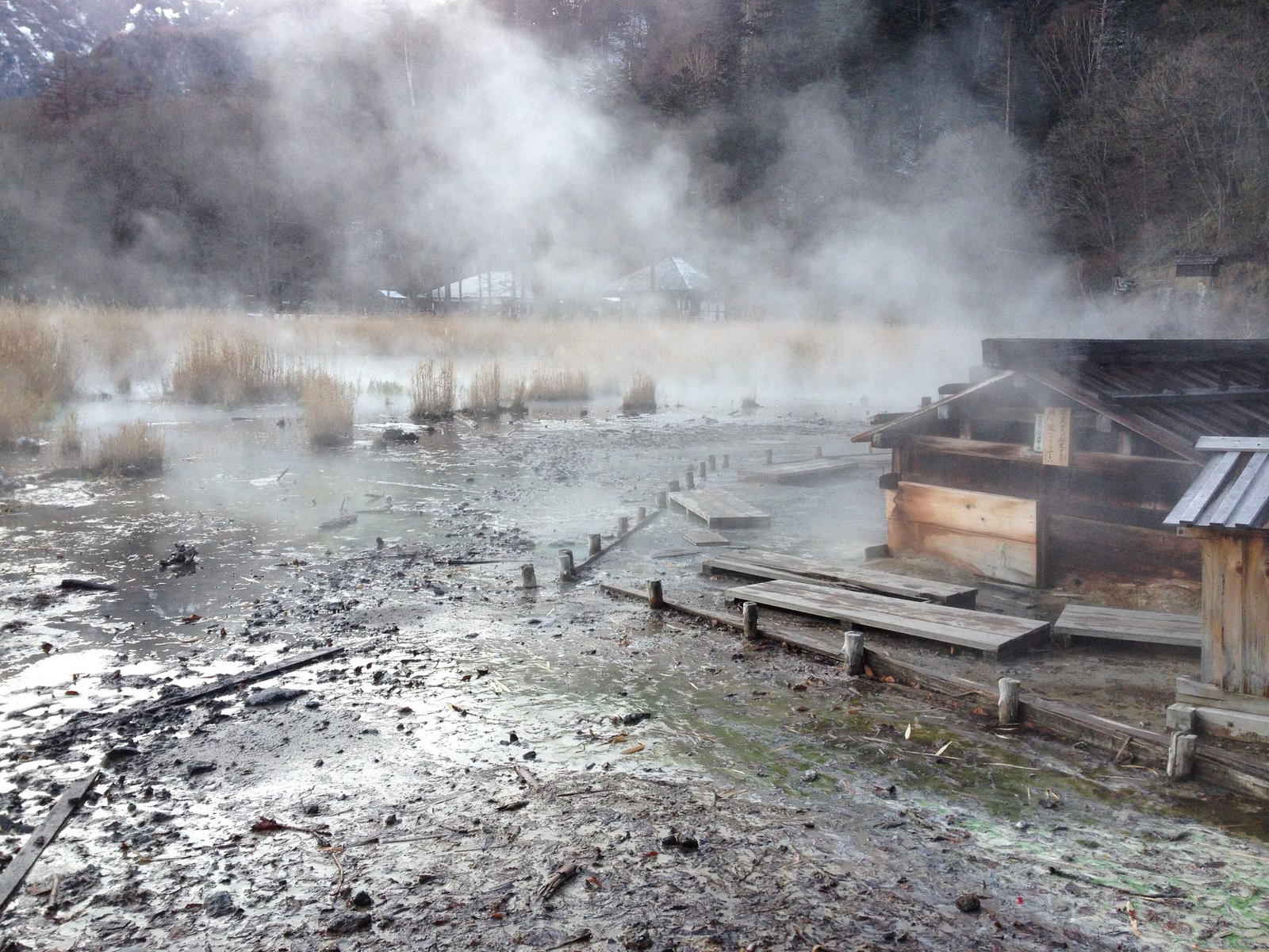 Steam rising from Yumoto Onsen source field in winter, Nikko National Park